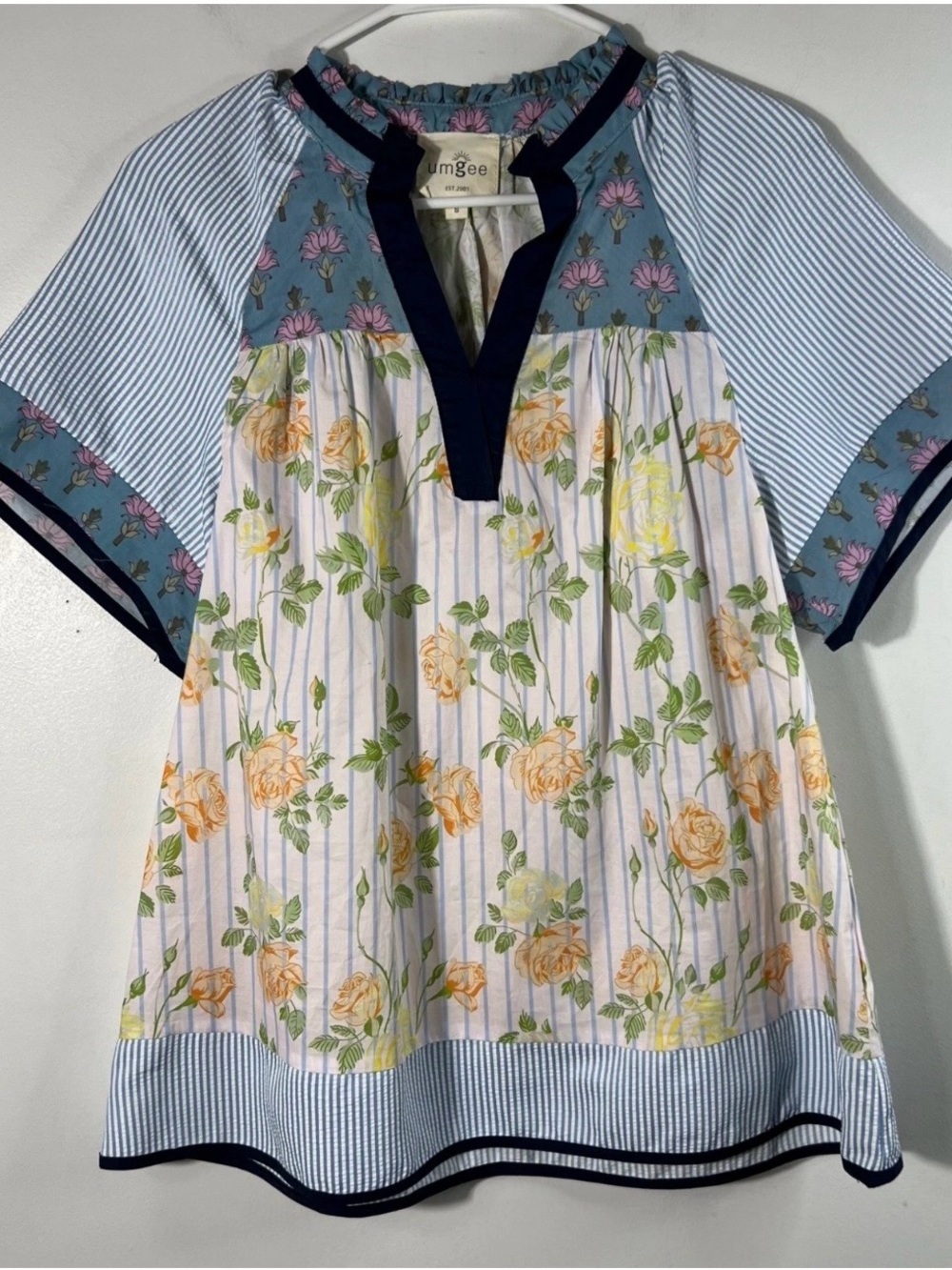 Umgee Blue Floral Patchwork Peasant Blouse size small